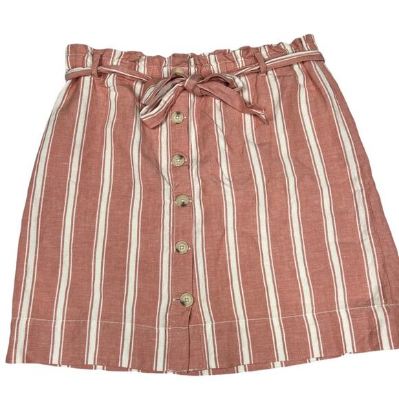 LOFT Mini Skirt Striped Linen Blend Tie Paper Bag Waist Button Front Women's L‎ - Picture 1 of 9